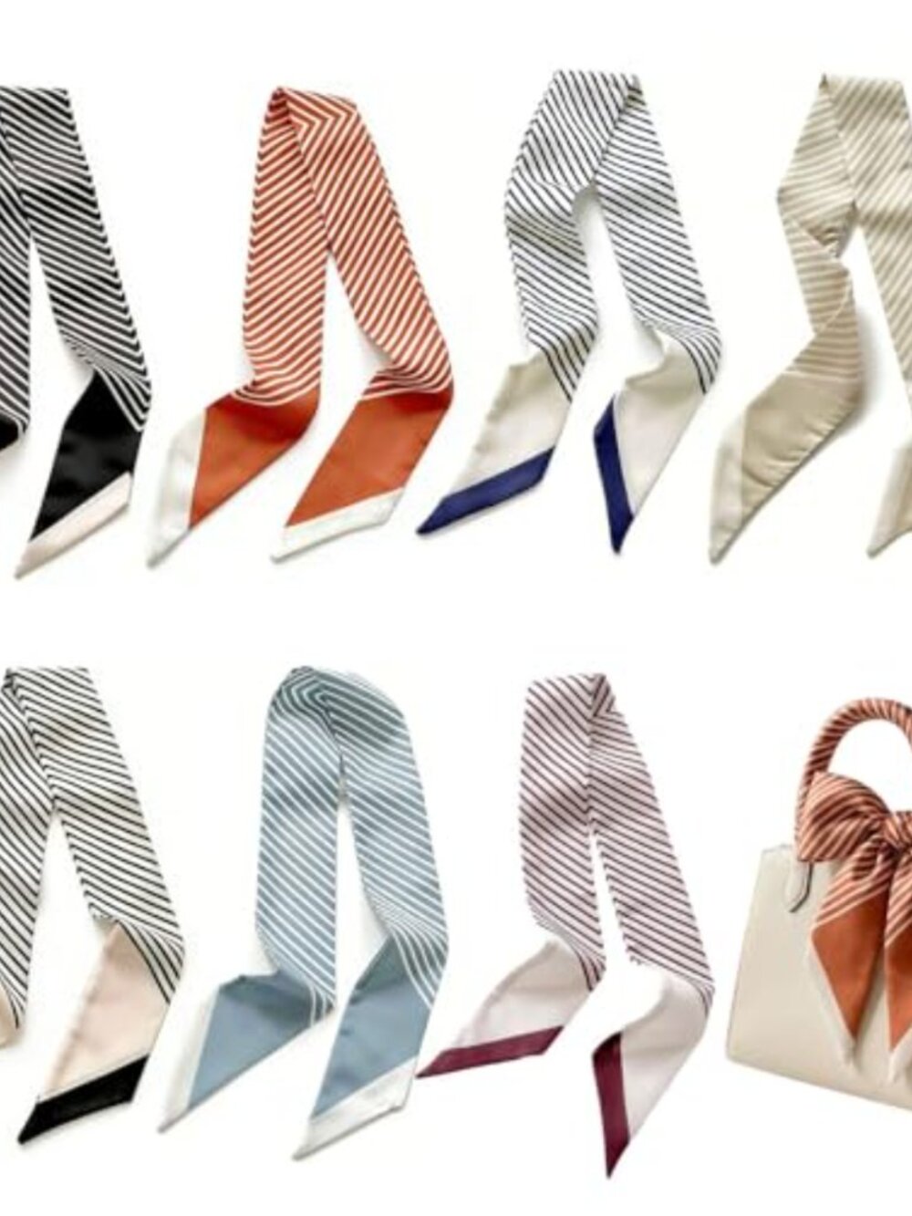 7pc Striped Skinny Scarves Polyester Slim Neck Hair Bag Ribbon Set